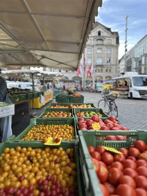 Marktstand mit frischen Tomaten auf einem Wochenmarkt